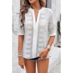 Solid Hollow Out Ruffle Hem V Neck Loose Blouse - Image 12