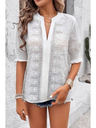 Solid Hollow Out Ruffle Hem V Neck Loose Blouse Solid Hollow Out Ruffle Hem V Neck Loose Blouse