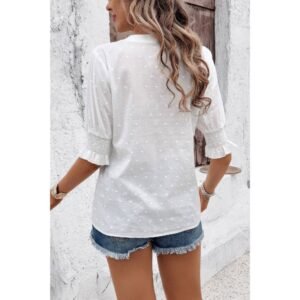 Solid Hollow Out Ruffle Hem V Neck Loose Blouse Solid Hollow Out Ruffle Hem V Neck Loose Blouse