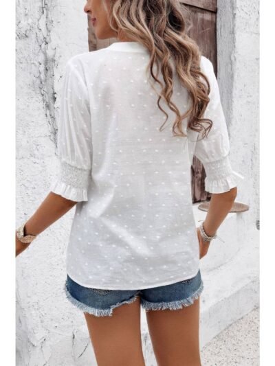 Solid Hollow Out Ruffle Hem V Neck Loose Blouse Solid Hollow Out Ruffle Hem V Neck Loose Blouse