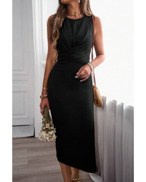 solid sleeveless cross waist bodycon dress