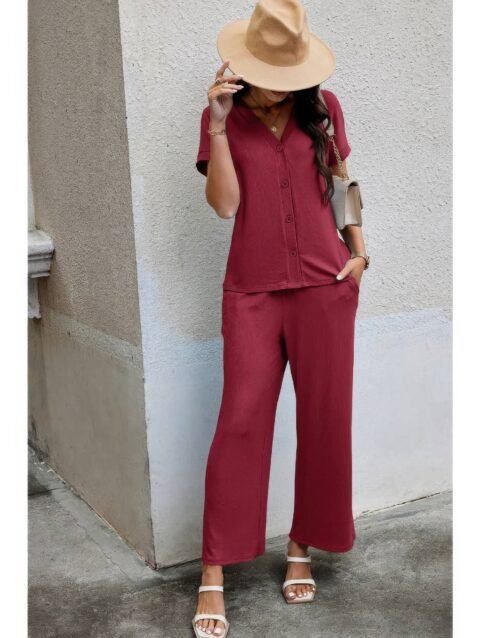 Solid Knit Pockets Button Up Two Pieces V Neck Set