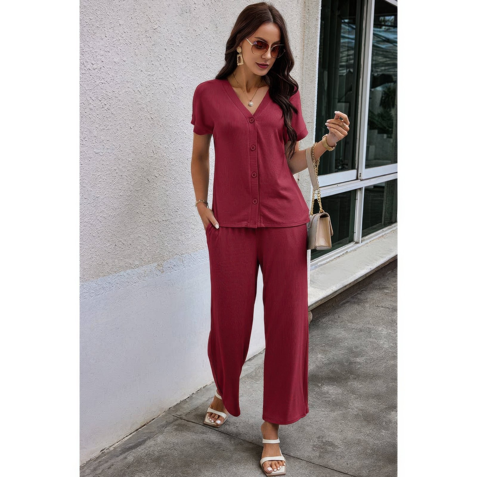 solid knit pockets button up two pieces v neck set