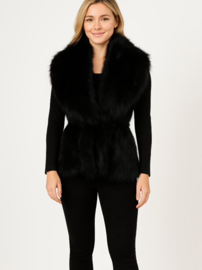 Black Sleeveless Faux Fur Vest With Cinched Waist