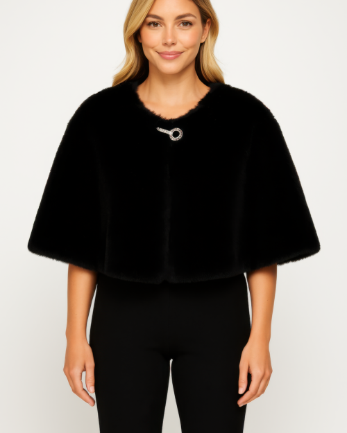 Faux Fur Cropped Cape With Jeweled Clasp In Black
