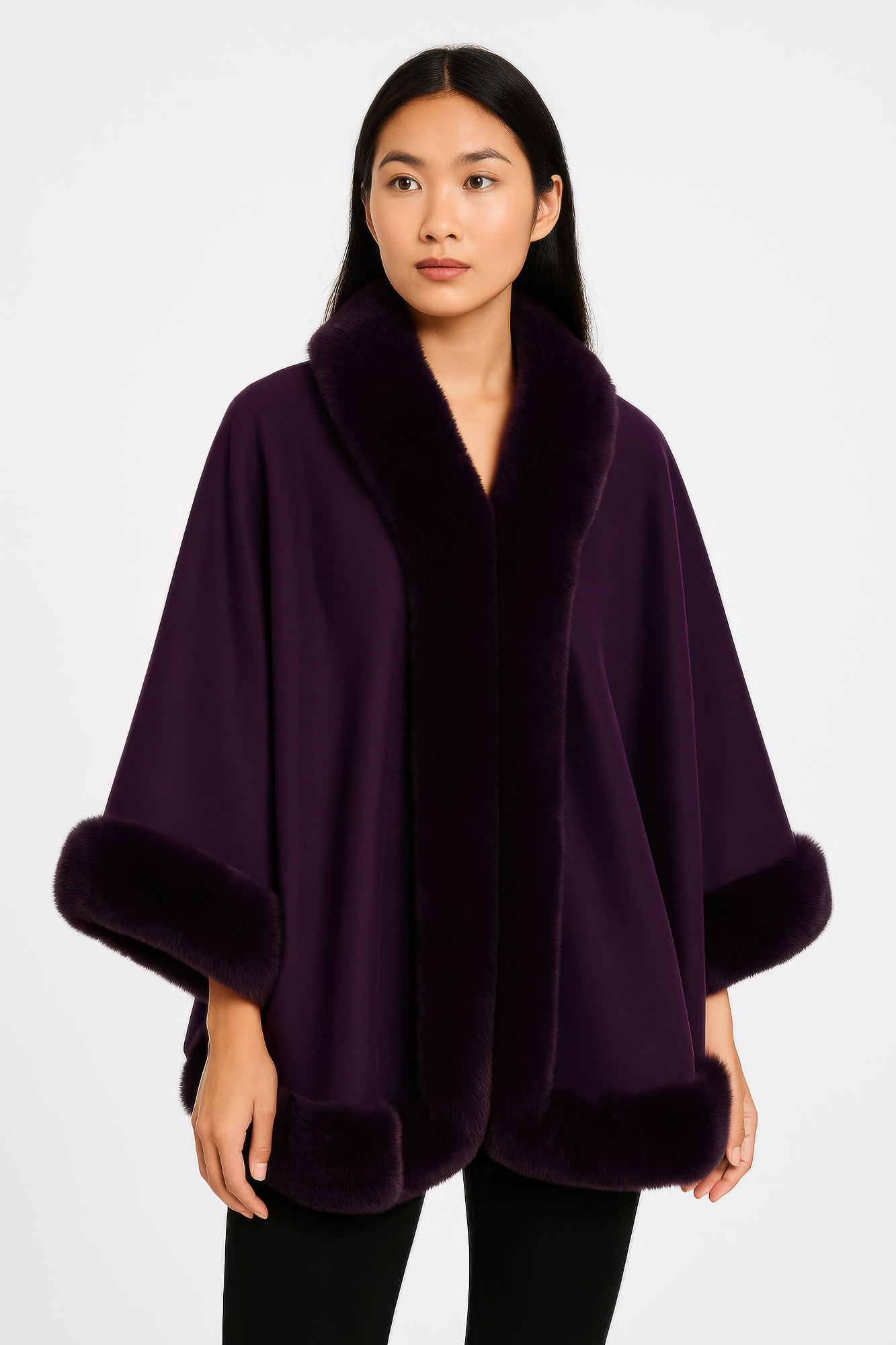 faux fur trim open-front cape jacket