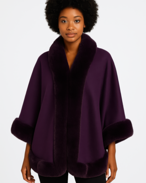 faux fur trim open-front cape jacket