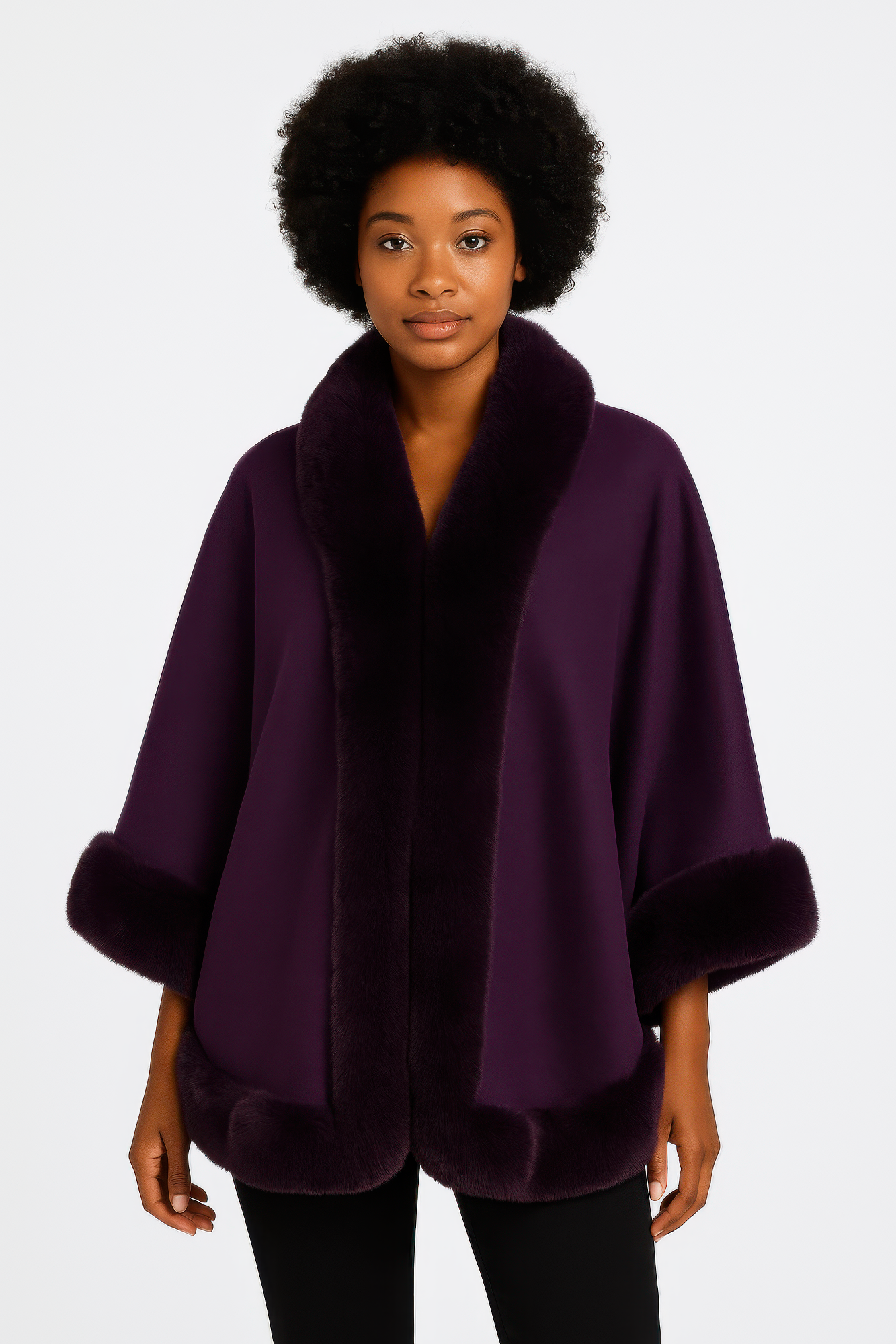 faux fur trim open-front cape jacket