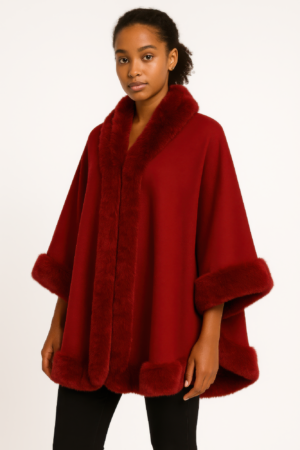 Faux Fur Trim Open-front Cape Jacket Faux Fur Trim Open-front Cape Jacket