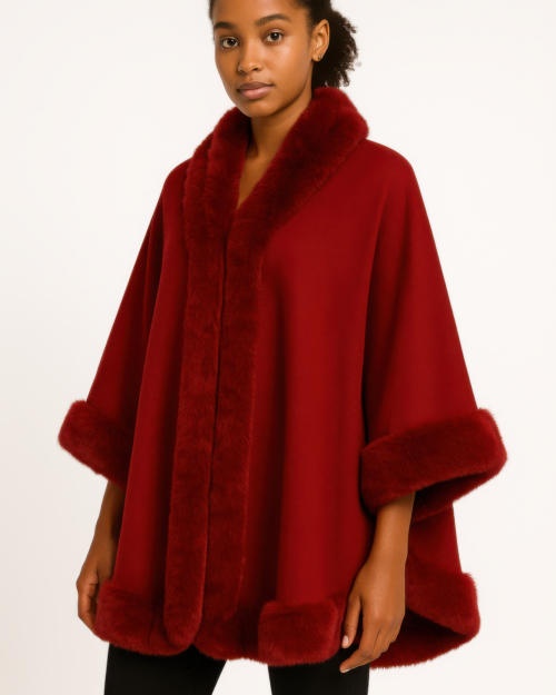 faux fur trim open-front cape jacket