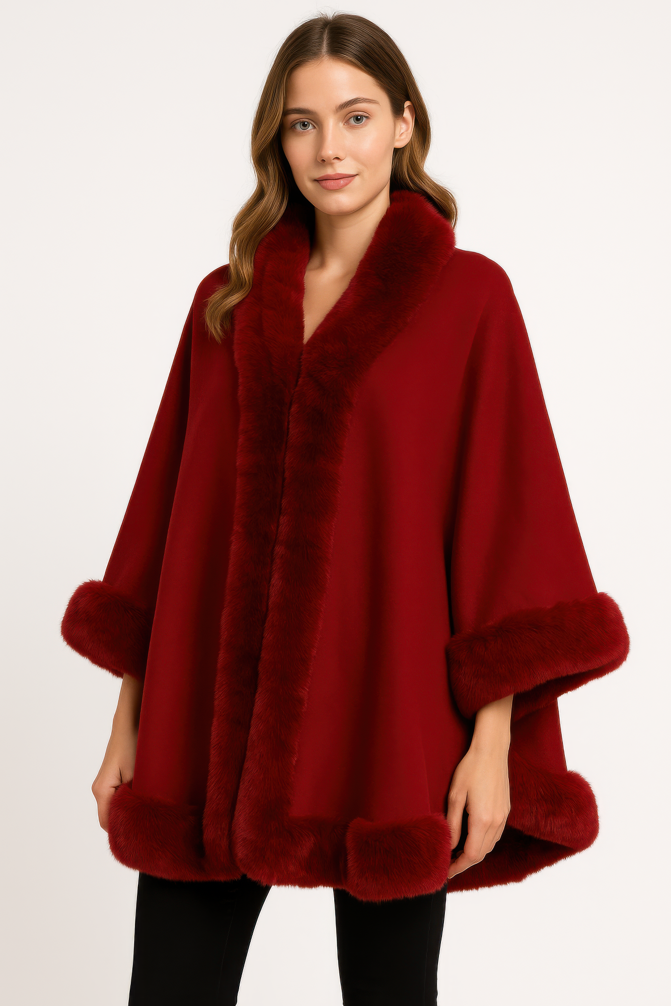 faux fur trim open-front cape jacket