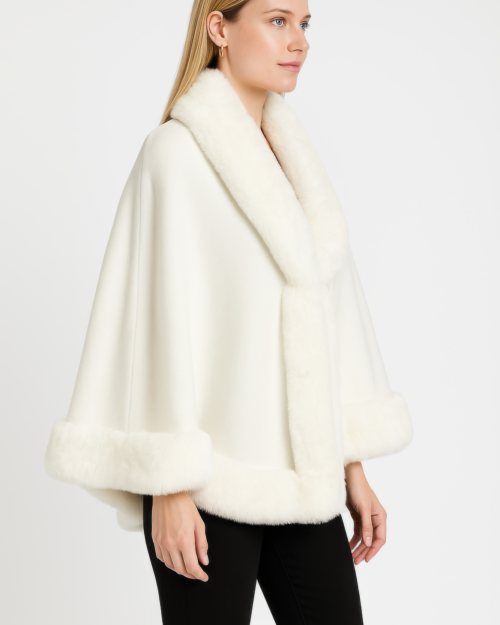 faux fur trim open-front cape jacket