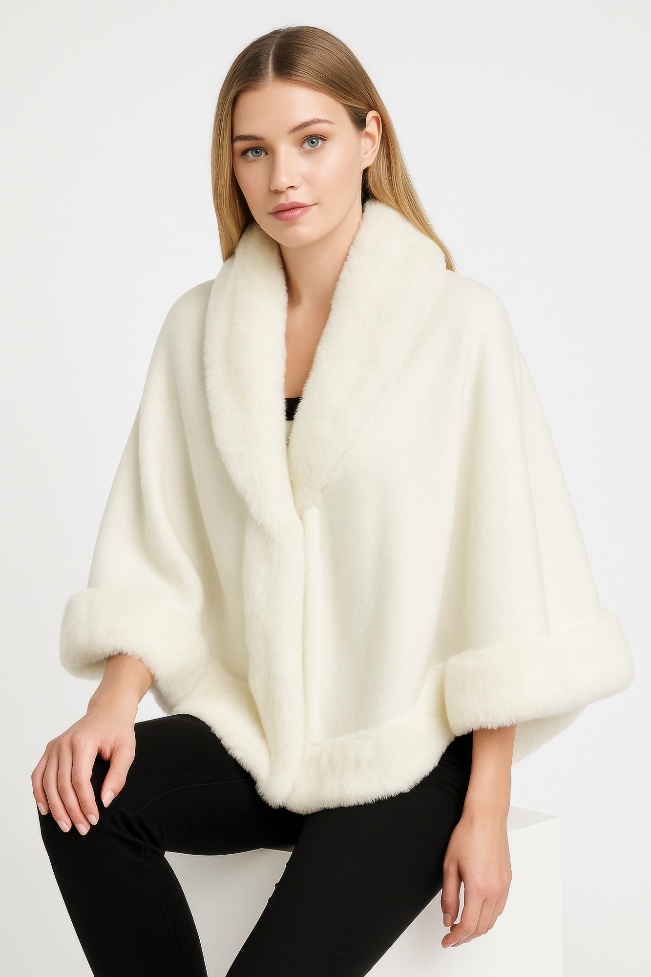 faux fur trim open-front cape jacket