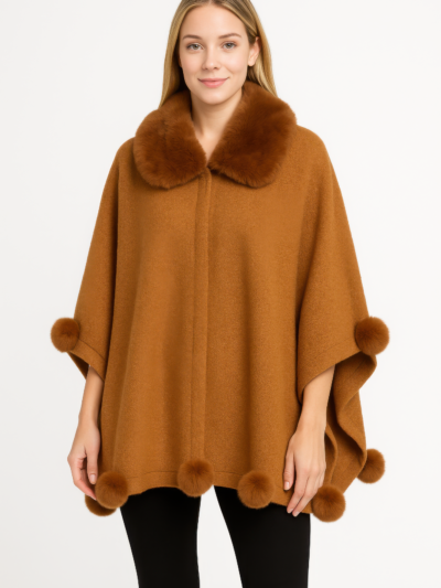 Trim Cape With Faux Fur Collar
