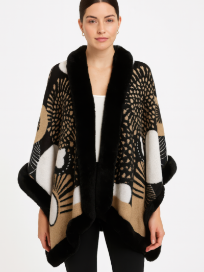 Abstract Print Faux Fur Trim Cape In Black & Camel