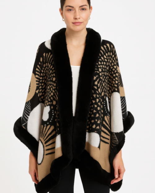 Abstract Print Faux Fur Trim Cape In Black & Camel