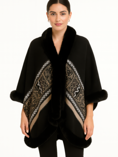 Black Geometric Border Faux Fur Trim Cape
