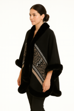 Black Geometric Border Faux Fur Trim Cape Black Geometric Border Faux Fur Trim Cape