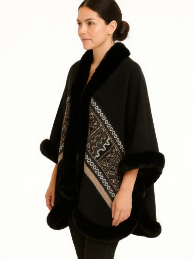Black Geometric Border Faux Fur Trim Cape Black Geometric Border Faux Fur Trim Cape