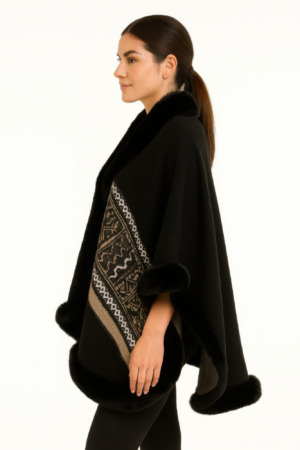 Black Geometric Border Faux Fur Trim Cape Black Geometric Border Faux Fur Trim Cape