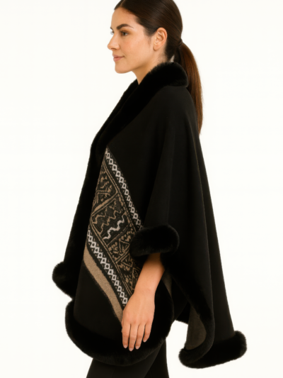 Black Geometric Border Faux Fur Trim Cape Black Geometric Border Faux Fur Trim Cape