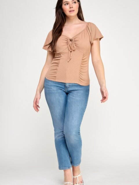 Plus Size Flare Ss V-neck Knit Rib Top