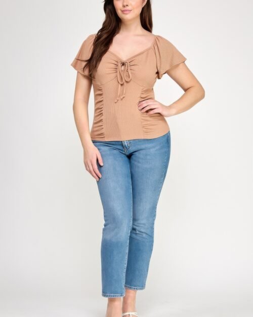 plus size flare ss v-neck knit rib top