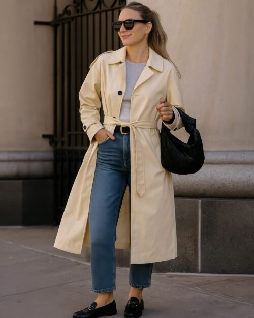 solid long sleeve trench coat woman lined
