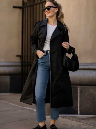 Solid Long Sleeve Trench Coat Woman Lined