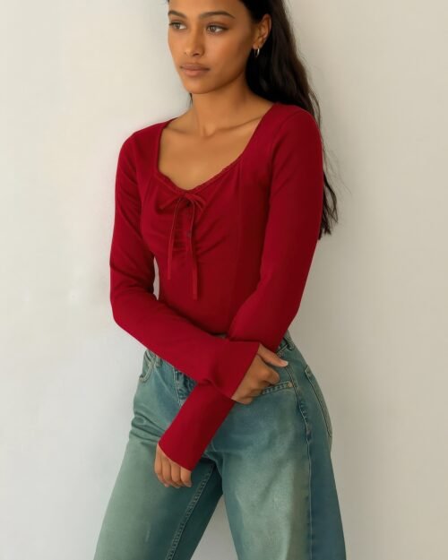 long sleeve scrunch bow top