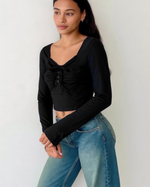 long sleeve scrunch bow top