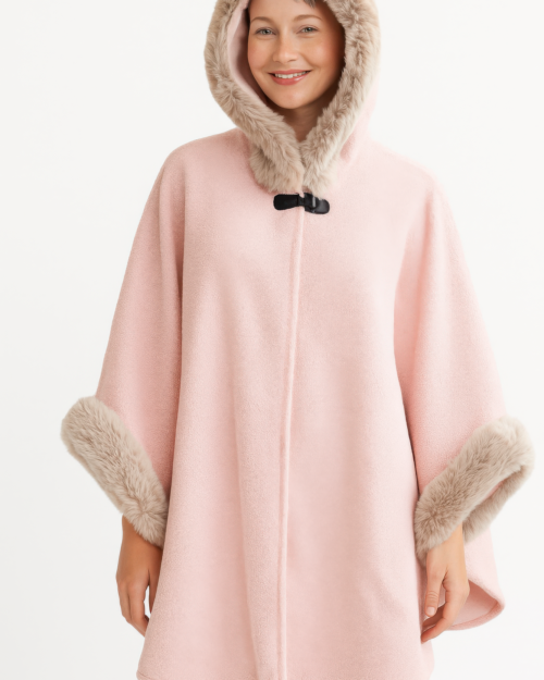 Hooded Faux Fur Trim Cape