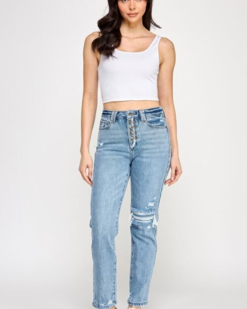 high rise button fly crop slim straight