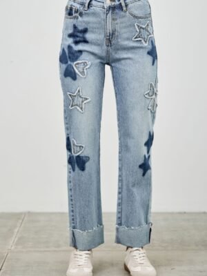 High Rise Star & Heart Patched Dad Jean W/stretch