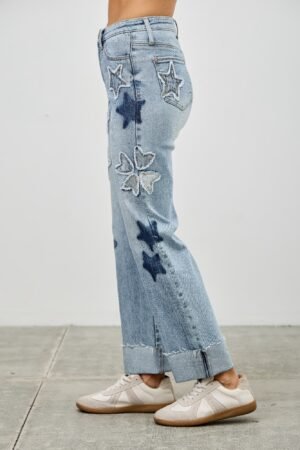 High Rise Star & Heart Patched Dad Jean W/stretch