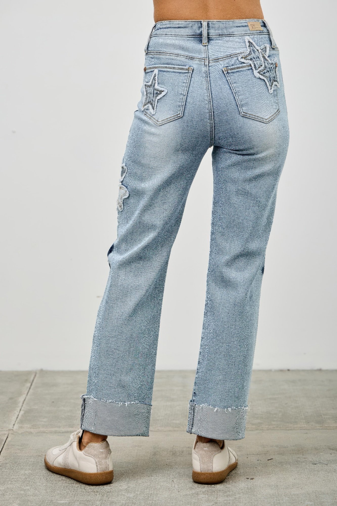 high rise star & heart patched dad jean w/stretch