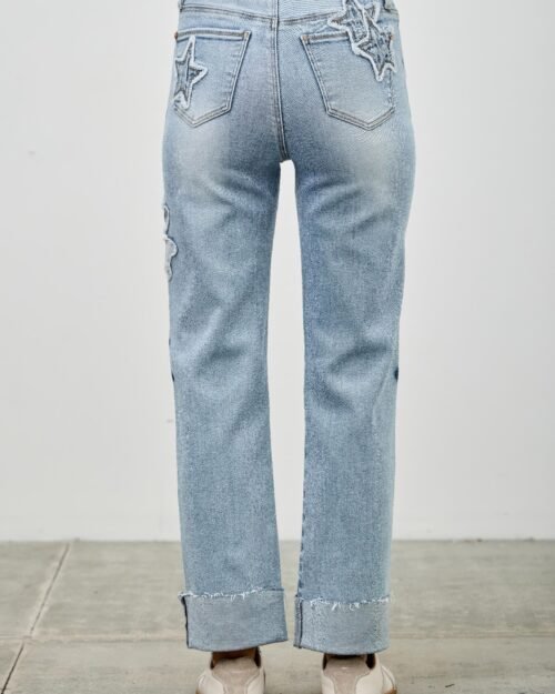 high rise star & heart patched dad jean w/stretch