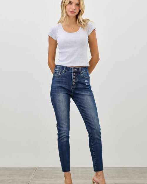 high rise ankle skinny with button fly