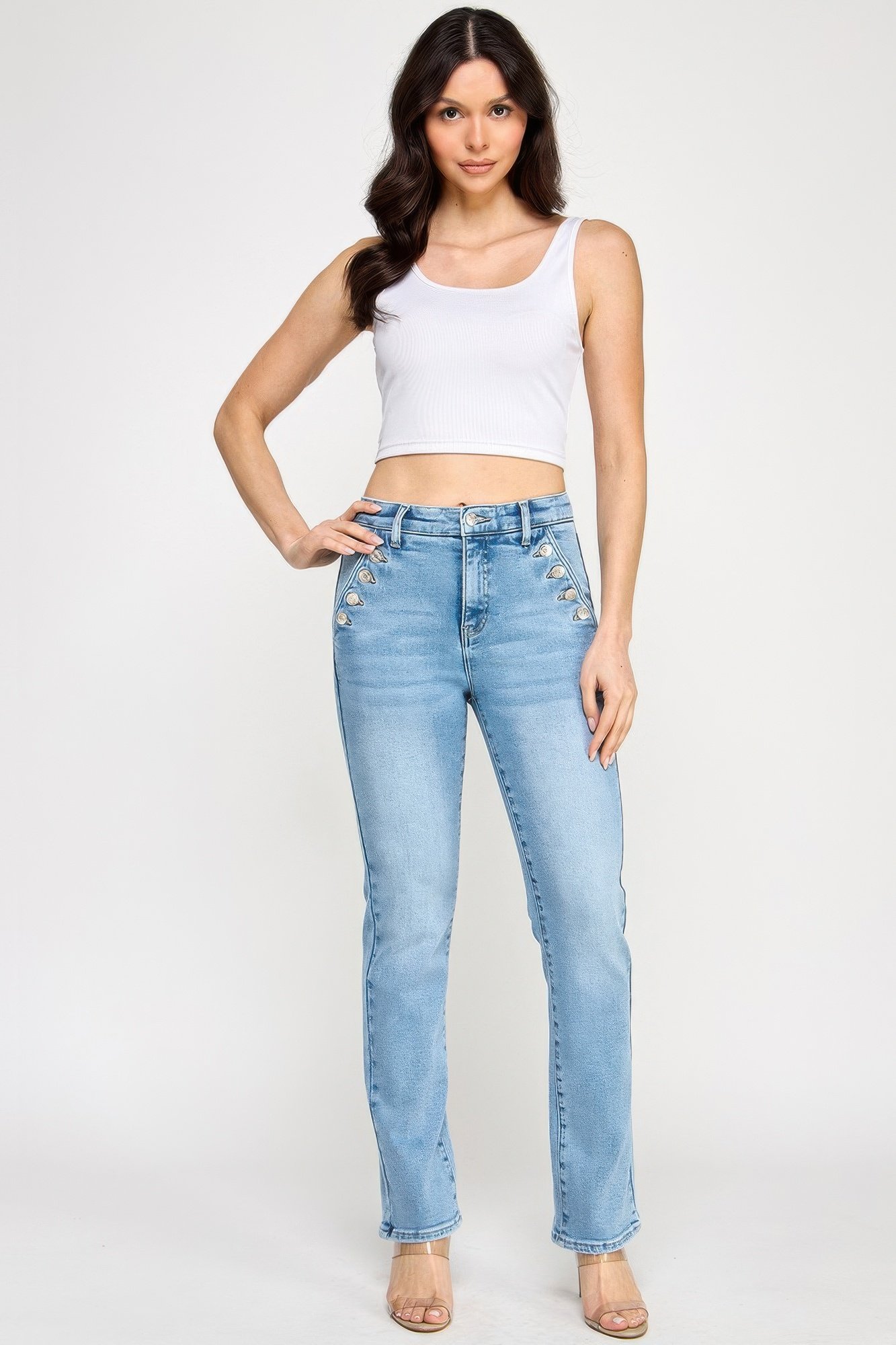 high rise straight with button pocket