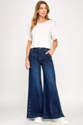 High Rise Wide Leg With Button Slit High Rise Wide Leg With Button Slit