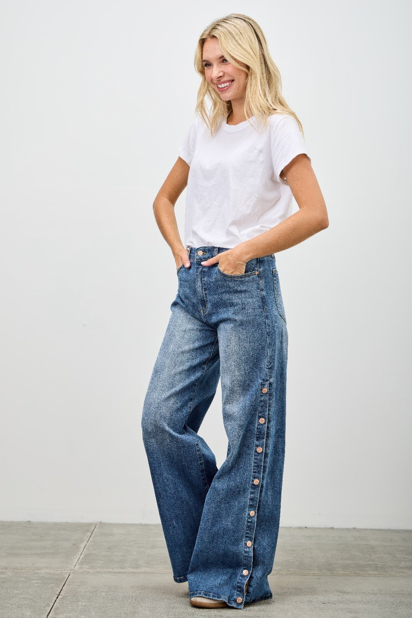 high rise wide leg with snap buttons