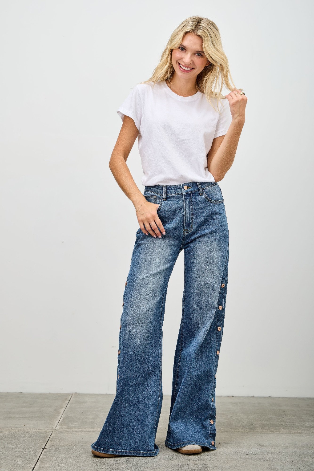 high rise wide leg with snap buttons