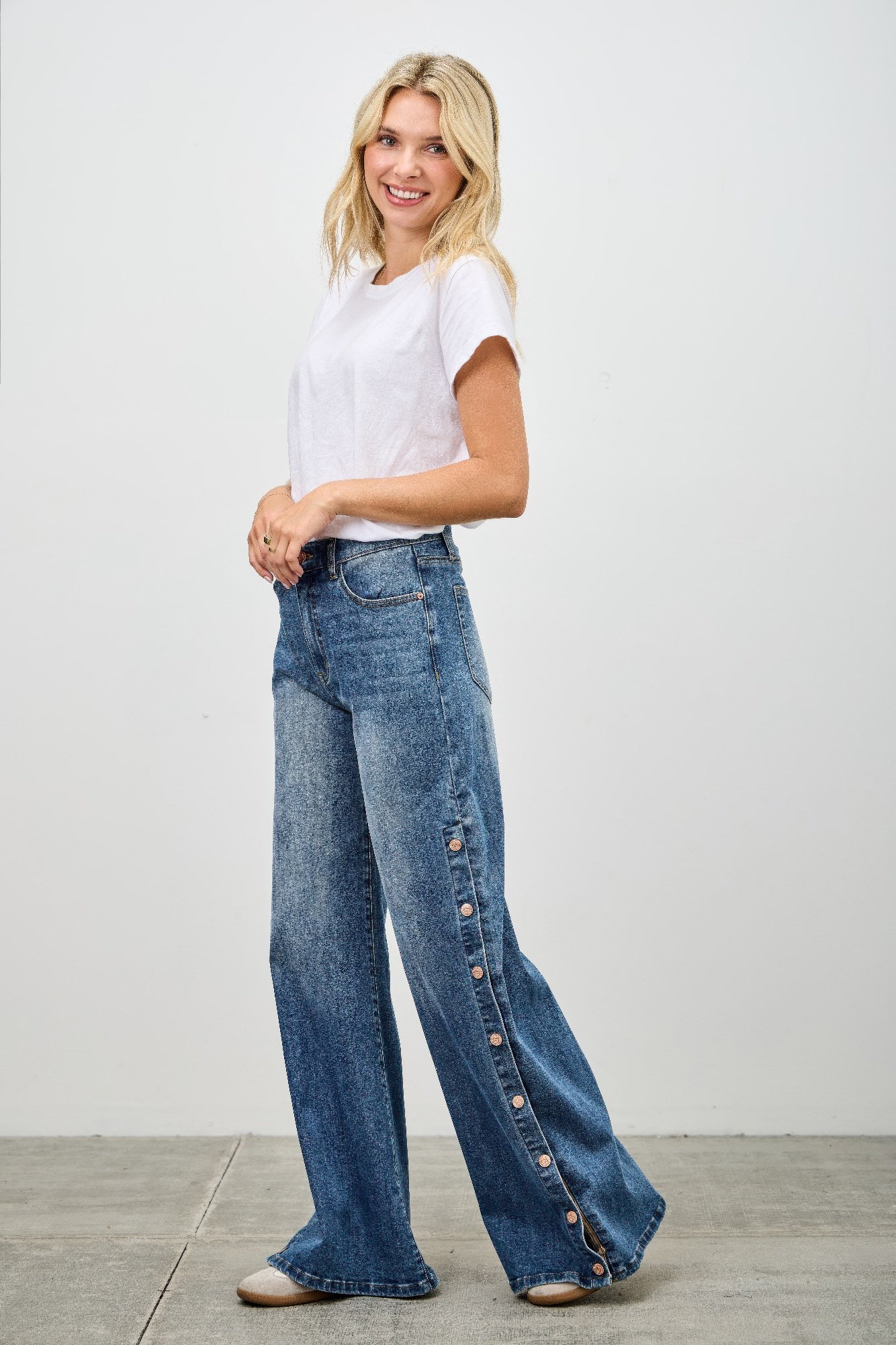 high rise wide leg with snap buttons