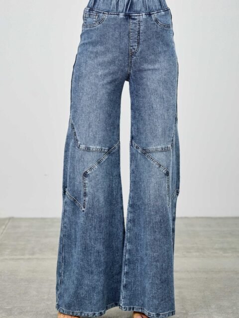 High Rise Star Pull On Knit Denim With Wide Leg