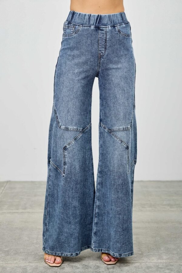 High Rise Star Pull On Knit Denim With Wide Leg