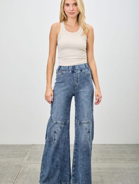 High Rise Star Pull On Knit Denim With Wide Leg