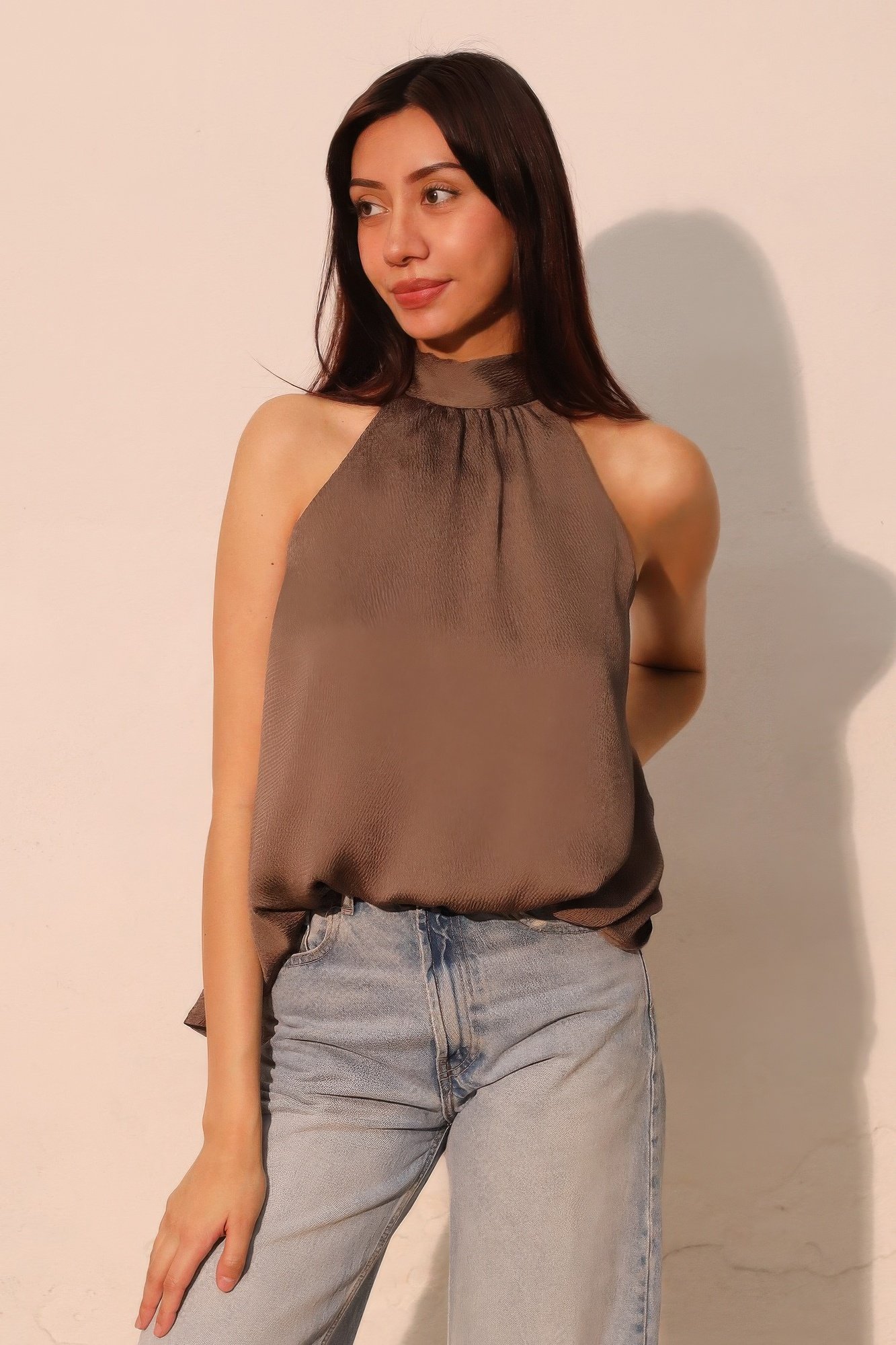 hammered satin halter bubble top