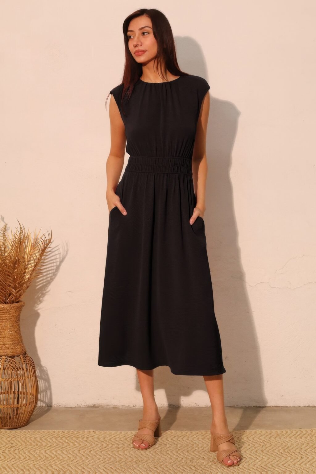 matte crepe ruched elastic midi dress – elegant day-to-night dress