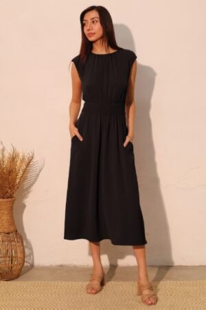 Matte Crepe Ruched Elastic Midi Dress – Elegant Day-to-Night Dress