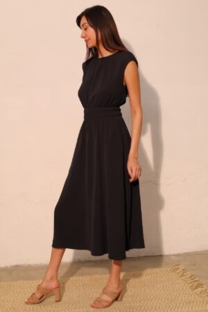 Matte Crepe Ruched Elastic Midi Dress Matte Crepe Ruched Elastic Midi Dress